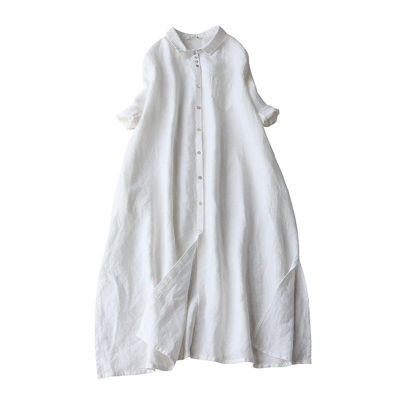2025 Summer Fashion Plus Size Women's Cotton Linen Mid-Length Lapel Dress - Loose, Simple, and Slimming.