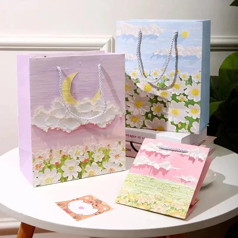 1-50PCS Gift Bag Creative Oil Painting Portable Gift Bag Holiday Gifts Kraft Paper Gift Bag New Year Gift Bag for Students
