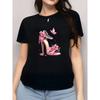 European Size Woman'S Elegant Pink High-Heel Graphic T-Shirt | Short Sleeve, Round Neck, Casual Top with Floral and Butterfly Design, All-Season Wear