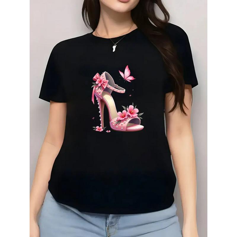 

European Size Woman S Elegant Pink High-Heel Graphic T-Shirt | Short Sleeve, Round Neck, Casual Top with Floral and Butterfly Design, All-Season Wear 4XL