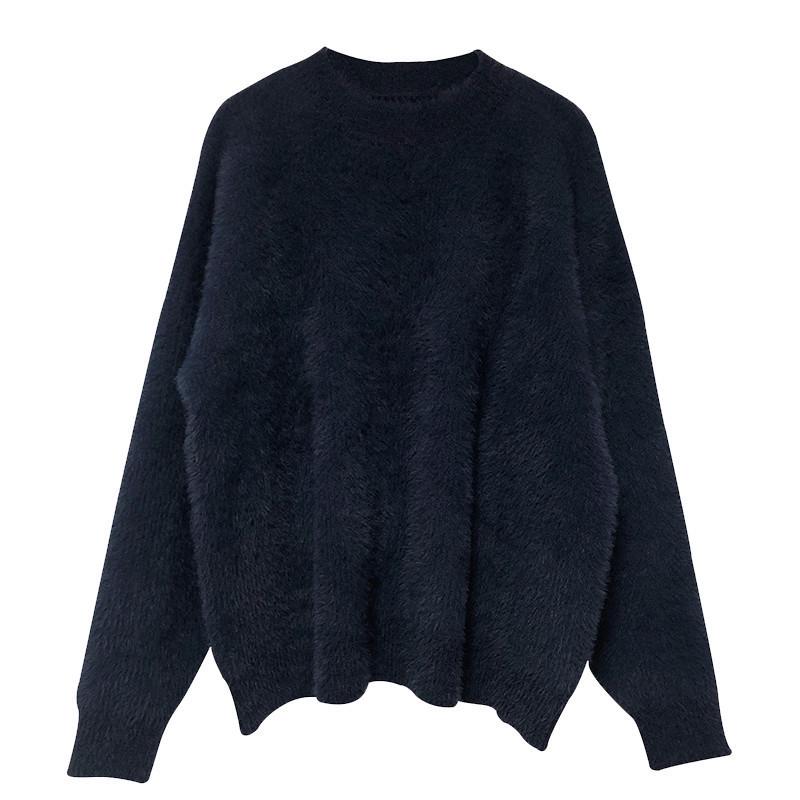 Women's Black Mink Cashmere Pullover Sweater - Soft, Cozy & Oversized for Autumn/Winter