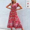 Women's Summer Ethnic Style Holiday Skirt V-Neck Waist Petal Sleeve Medium Long Split Dress