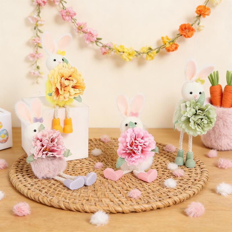 Easter Bunny Decor Cute Rabbit With Flower Hanging Ornaments For Tabletop Mantel Holiday Home Party Table Decorations Gift