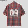 INCERUN Oversized Men Lapel Neck Short Sleeve Plaid Print Shirts Tops