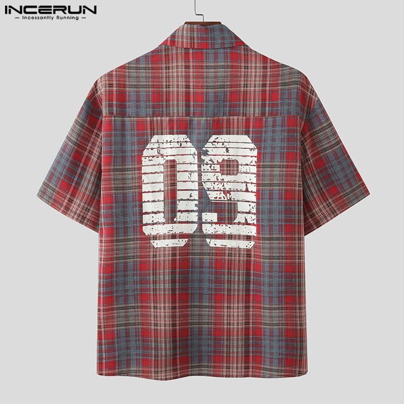 INCERUN Oversized Men Lapel Neck Short Sleeve Plaid Print Shirts Tops