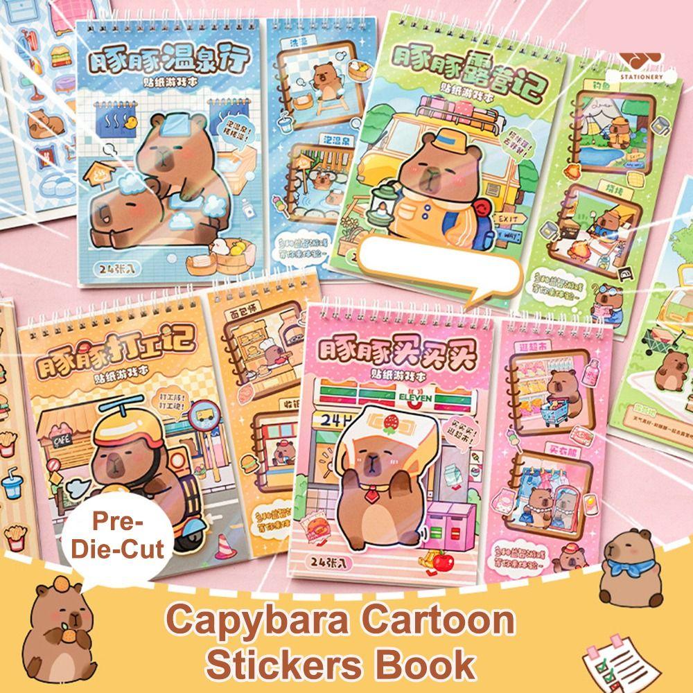 24in1 Capybara Landscape Sticker Book Miniature Scene Collection Cartoon 3D House Stickers Supermarket Bedroom PET