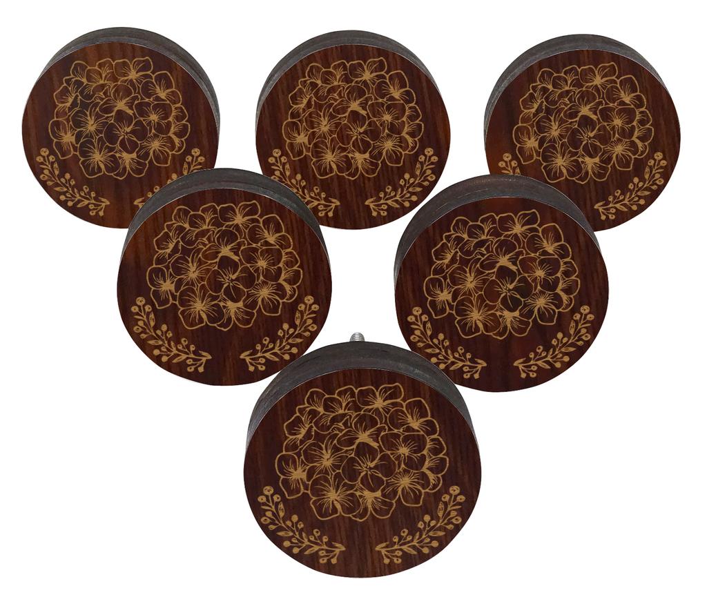 IBA Indianbeautifulart Brown Engraved Knobs Wooden Cupboard Door Knobs Pull Handle Pack of