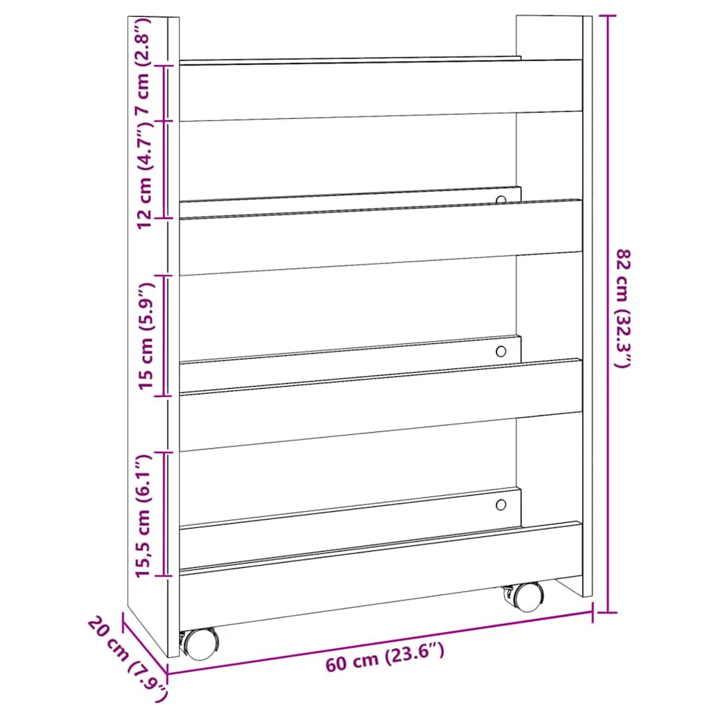 Schmaler Badezimmerschrank auf Rollen, 4 Ebenen, Eck-Aufbewahrungsregal, 60 x 20 x 82 cm