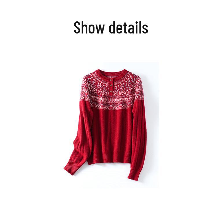 Red Fair Isle Jacquard Wool Sweater - Loose Round Neck Knit Top for Small Person