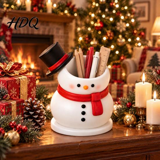 Holiday Home Decoration Cute Snowman Storage Container Durable Resin Makeup Brush Holder Entryway Key Tray Decorative Pen Holder for Office Tabletop