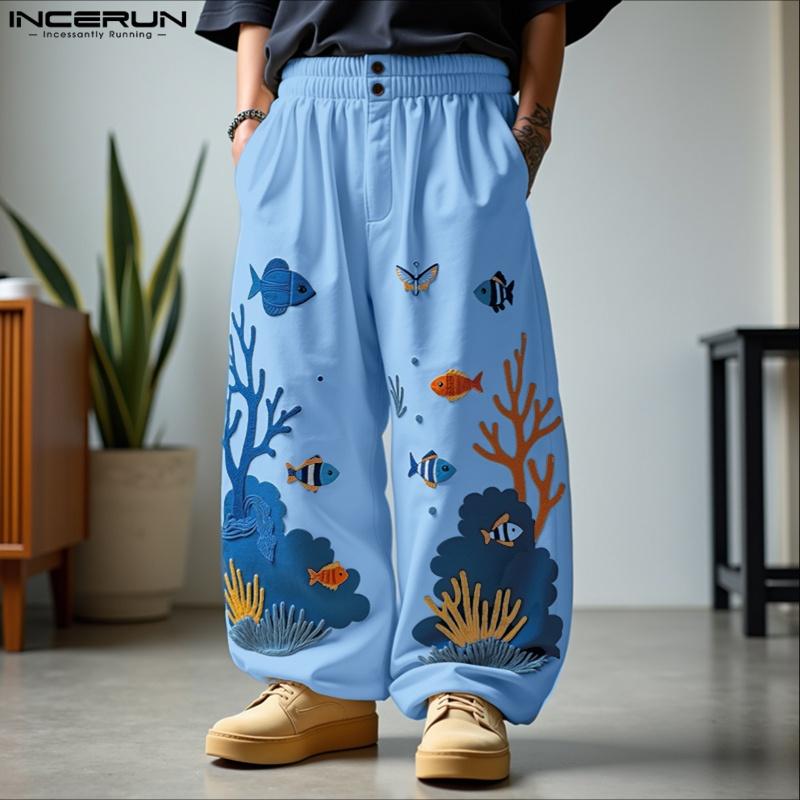 INCERUN Men Casual Loose Elastic Waist Printing Long Pants Trousers with Pockets