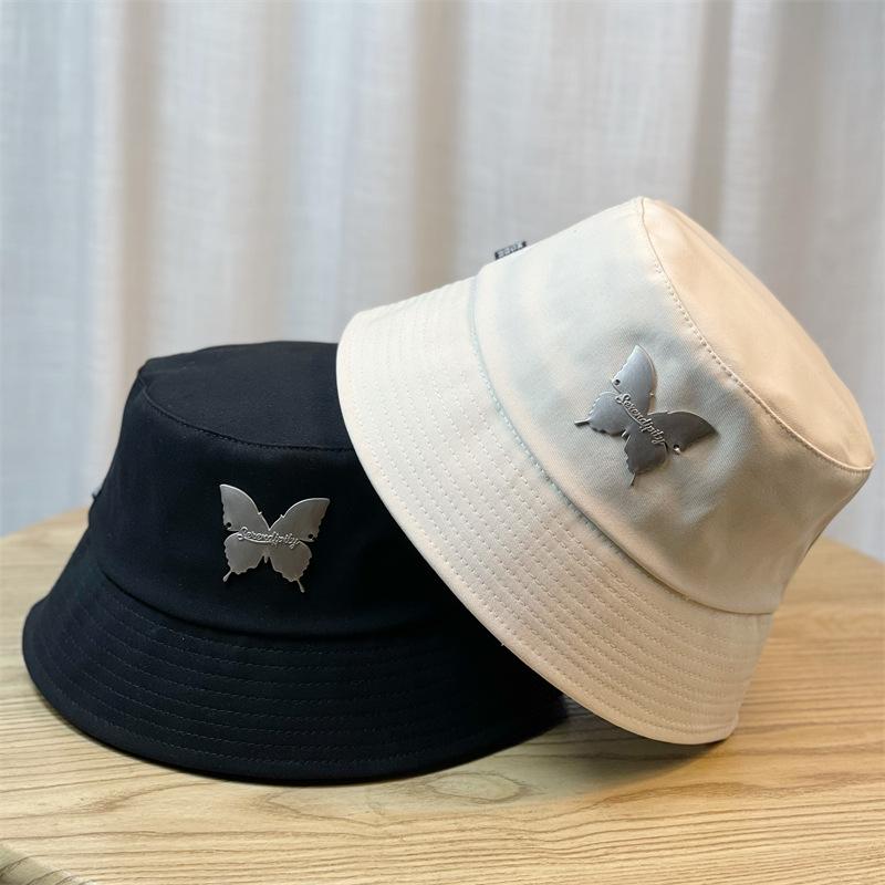 Iron Butterfly Embroidered Hat for Women, Summer Large Head Circumference Flat-Top Fisherman Hat, Plus Size Sun Hat, Face Slimming, Trendy for Men