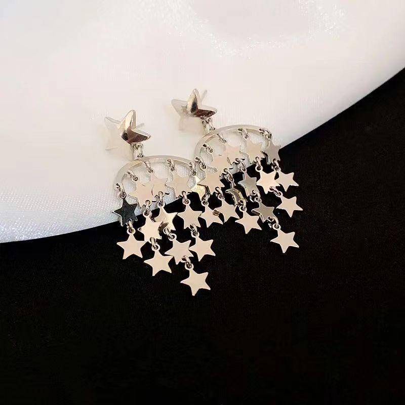 Korean ins cold wind niche design stud earrings, long tassel fashion earrings, diamond-encrusted mango star tassel earrings