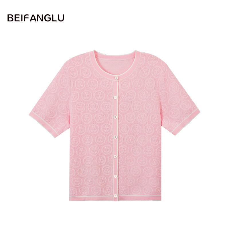 Tulip Jacquard Knit Short Sleeve Women's Cardigan in Lyocell Triacetate