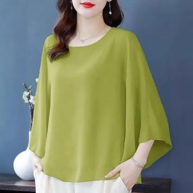 Loose Chiffon Top for Women New Plus Size Round Neck Batball Sleeves Summer Blouse Solid Color Women's Short Sleeved Casual Fashion Elegant T Shirts