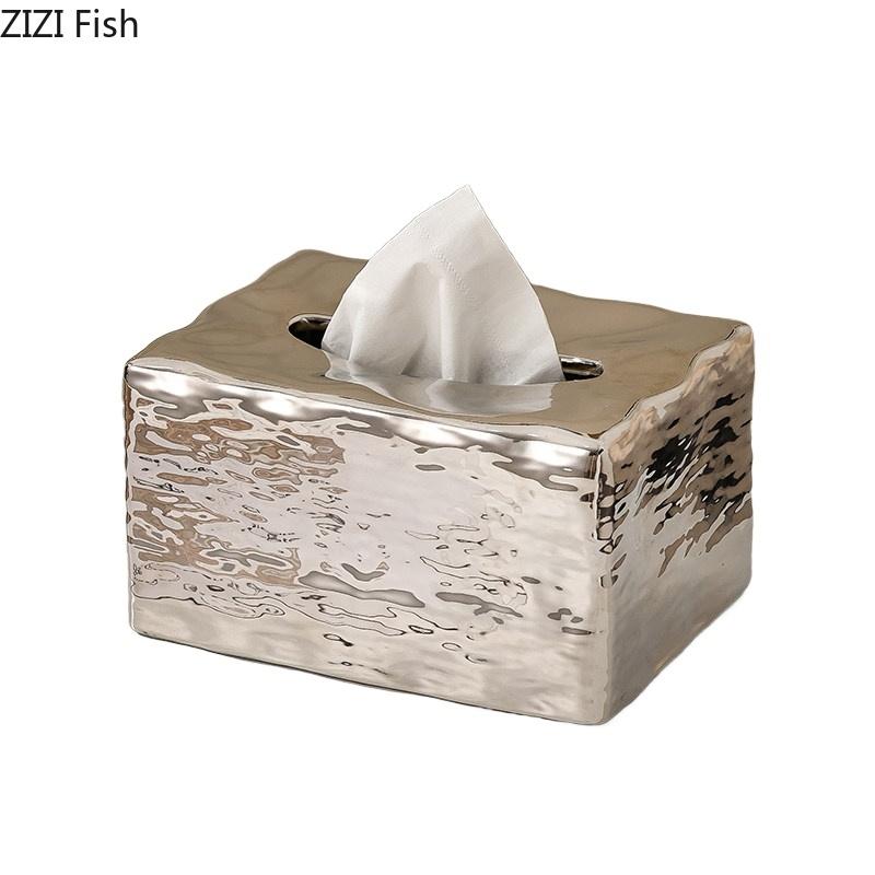 Water Ripple Ceramic Tissue Box Coffee Table Desk Decoration Minimalism Silver-plated Tissue Box Bedside Table Paper Towel Case
