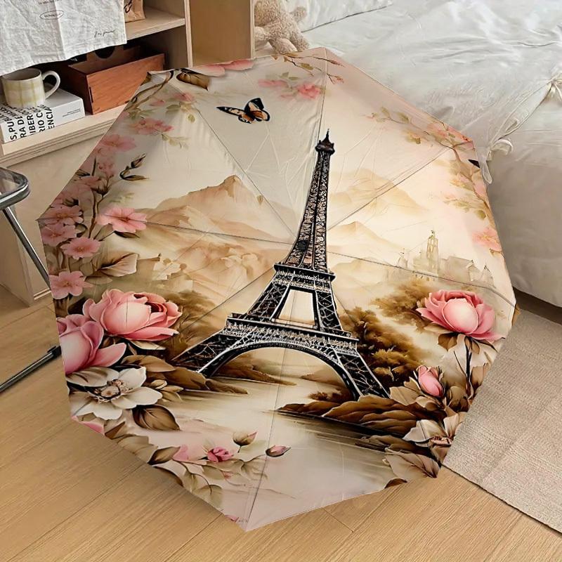 1PC Eiffel Tower Flowers Umbrella-8-Rib Reinforced, Automatic Open, Lightweight & Durable, Cute Fashion Accessory for Outdoor, Beach, or Casual Use, B