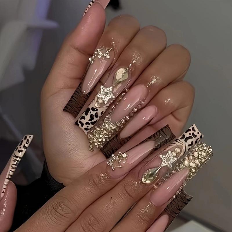 

Leopard Print Long Nail Tips with Gold Star and Crushed Diamond Design