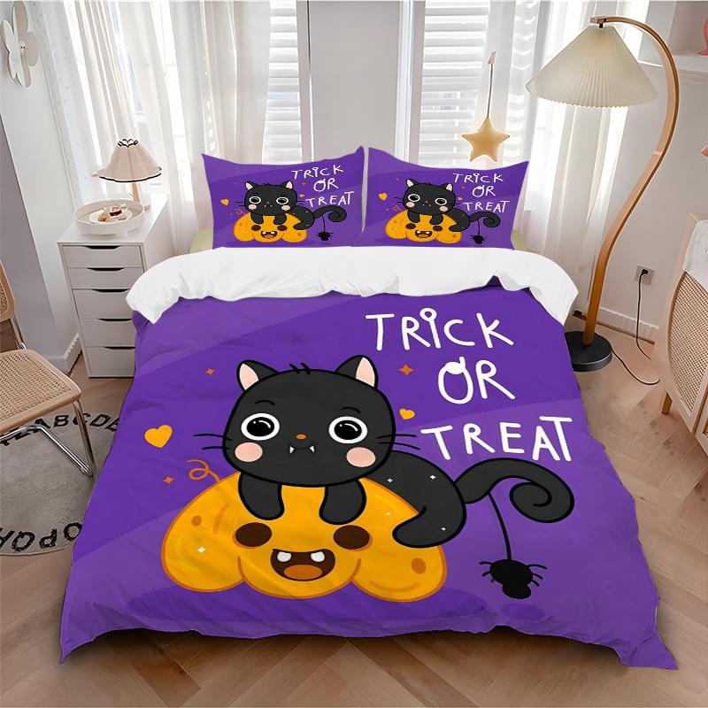3pcs Trick or Treat Adorable Cat and Pumpkin Bedding Set - Includes Quilt Cover and Pillowcases, Suitable for All Seasons,