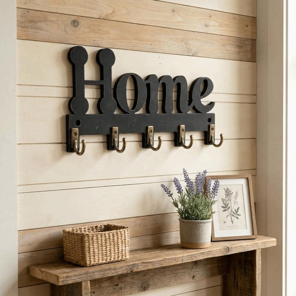 5-Hook Wooden Key Hook Rustic Key Storage Rack Durable Wall-Mounted Key Holder Apartment