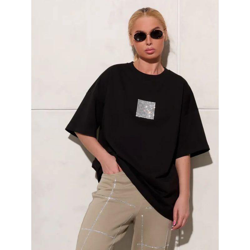 European and American Fashion Loose Casual Hot Drilling Cotton T-shirt Top Diamond Studded Cotton T-shirt