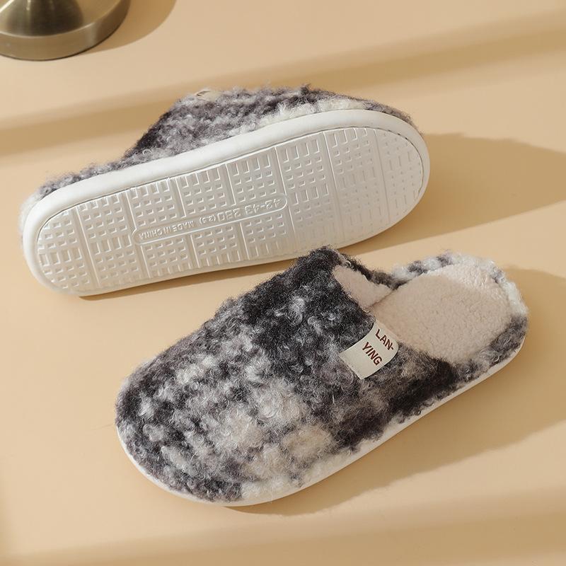 New classic plaid cotton slippers autumn and winter home use couple silent non-slip velvet warm fluff mop