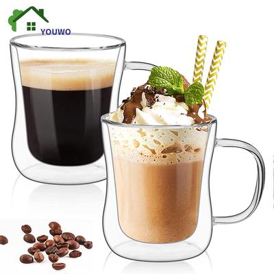 1-4 Stück Doppelwandige Glas Espresso Tassen Klare Kaffeetasse mit Henkel für Kalte Getränke Wein Milch Saft Trinkgeschirr Set