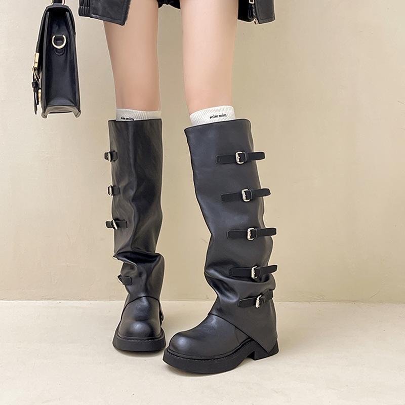 Vintage belt buckle pleated leather boots autumn fashion versatile stacking boots women's outer wear sequined cloth knight boots pant tube boots