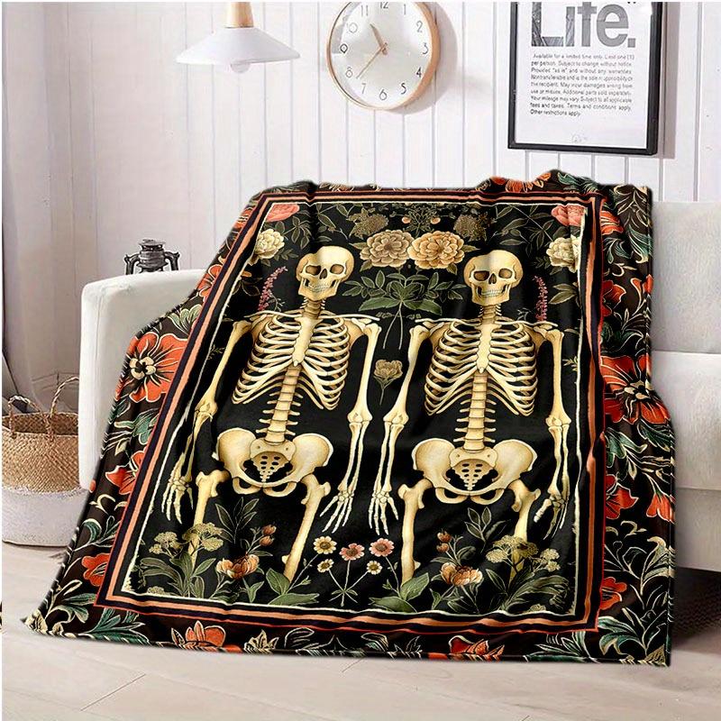 Gothic Romance: Halloween Skeleton Couple Blanket - Soft, Warm Flannel with Vibrant Floral Design, Tear-Resistant, All-Season Co