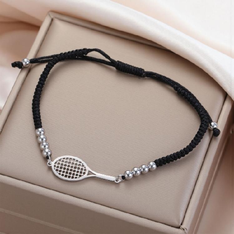 Gioiello Sportivo Minimalista in Acciaio Inossidabile con Intaglio Racchetta e Cordino Intrecciato Personalizzabile