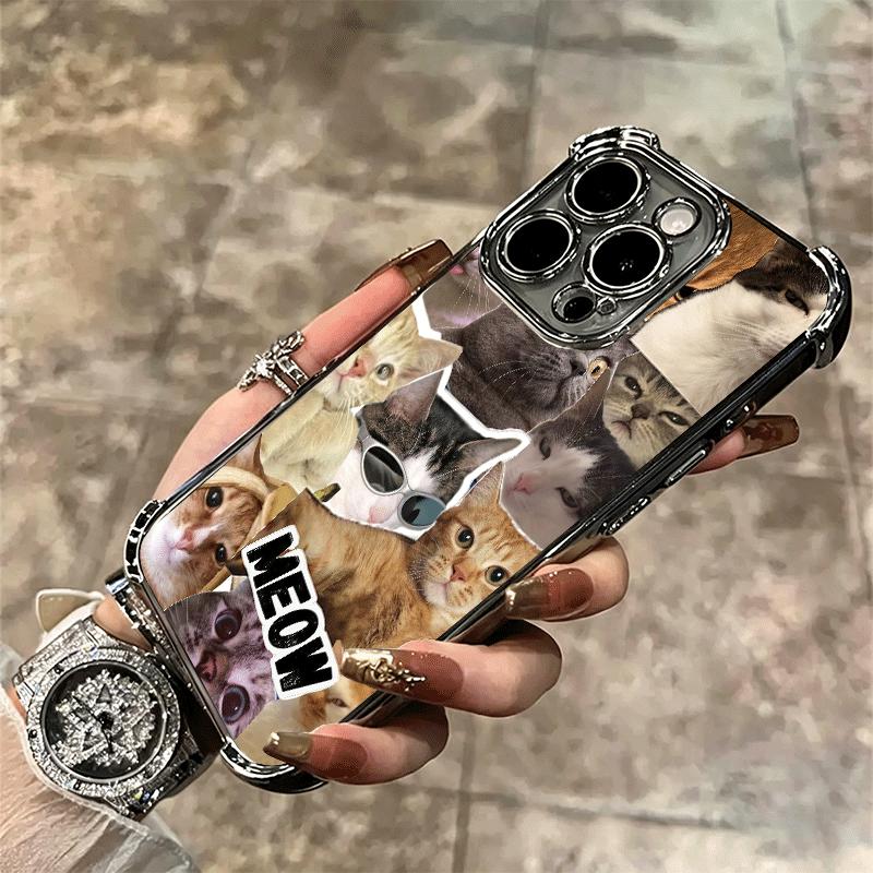 Crying Cats Combine Memes Plating Phone Case For Iphone 16 17 Pro Max Air 16E 14 15 Plus 12 13 Mini Anti-Fall Airabag Cover