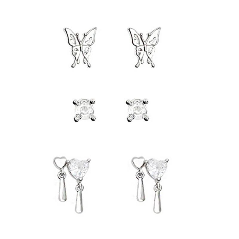 

6Pcs Silver Rhinestones Butterfly Earrings Women Exquisite Casual Jewelry Punk Heart Stud Earrings for Girlfriend Gift 1