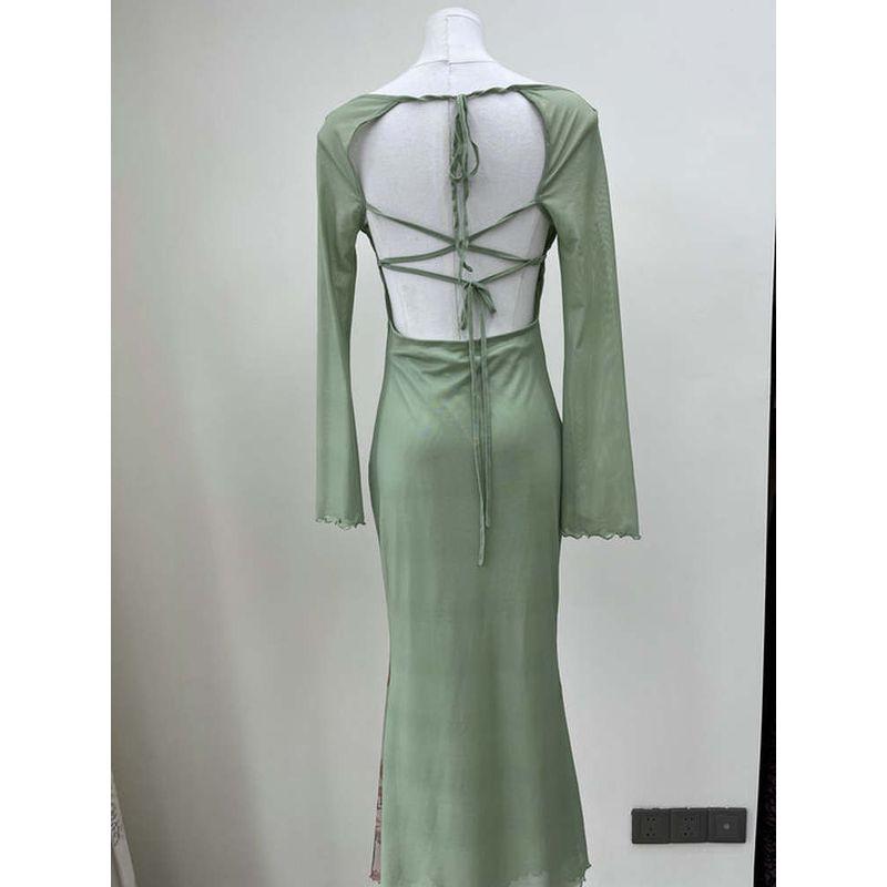 2025 Summer New C * Der Original Order Green Flower-De-Luce Backless Yarn Temperament Waist Hugging Dress