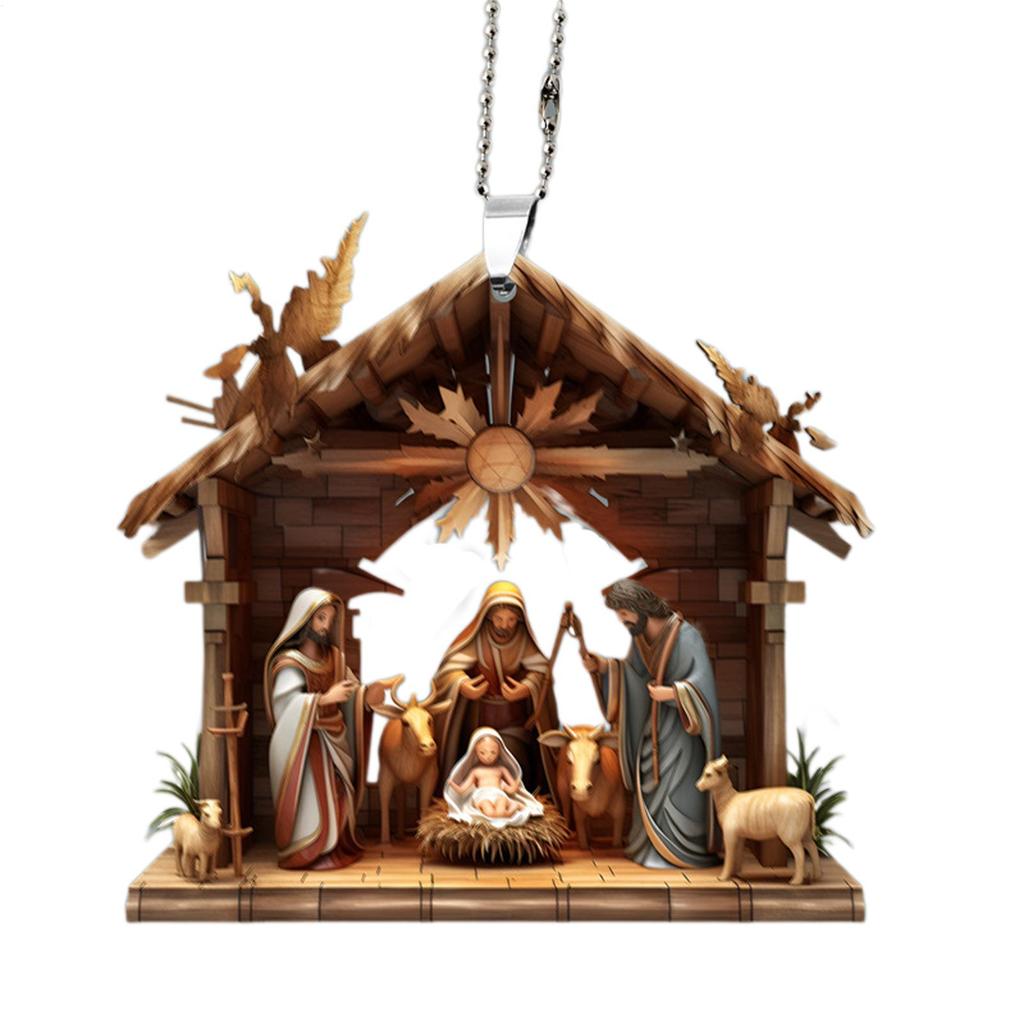 Christmas Tree 2D Acrylic Jesus Pendant Ornament Family Prayer Scene Pendant Car Hanging Decoration Party Home Decorations