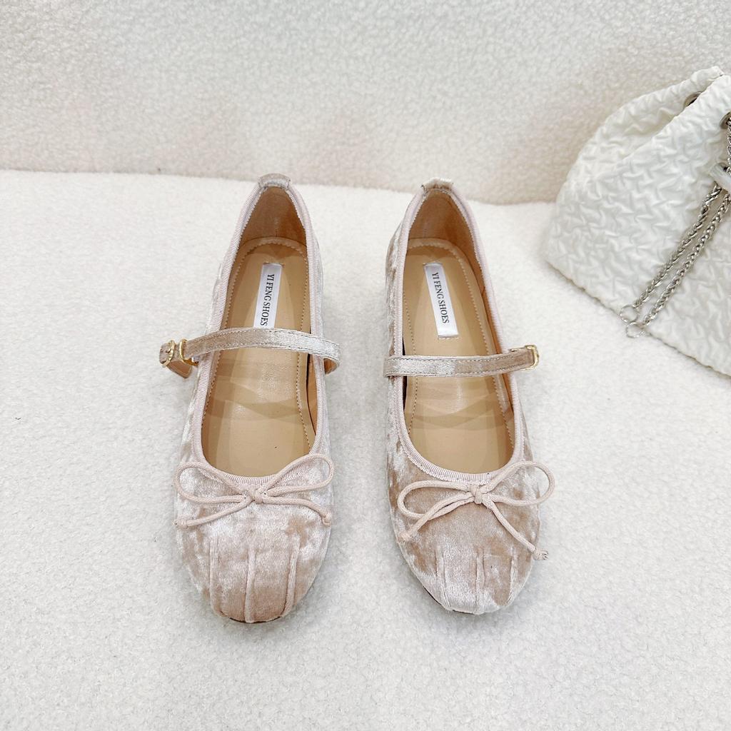 Inner Heightening Women's Shoes French Suede Bow Pig Nose Ballet Single Shoes Women's One-word Buckle Strap Flat Mary Jane Shoes