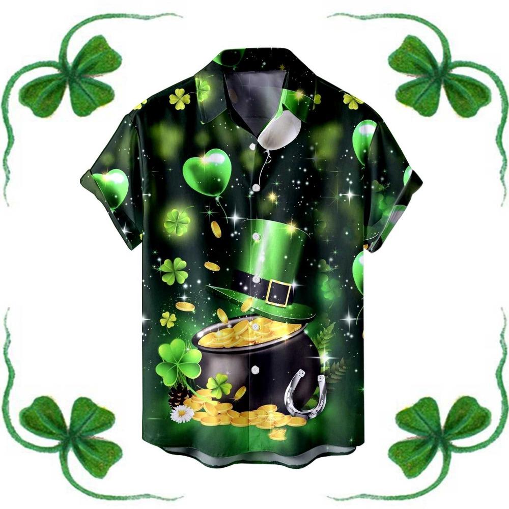 Saint Patrick Mens Shirt Festive Green Shamrock Print Lapel Short Sleeved Shirt Vintage Solid Shirts Cardigan Men's Blouses