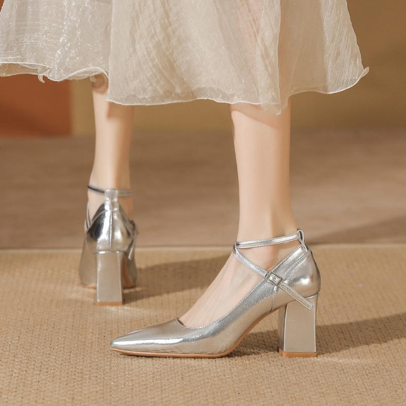 Silver pointed high heels women's autumn new cross belt with skirt temperament light mouth thick heel single shoes