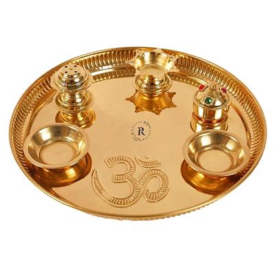 9-Inch Brass Navratri Pooja Thali with Attached Diya, 2 Bowls, Agarbatti Stand, and Gold Finish Kumkum Bowl