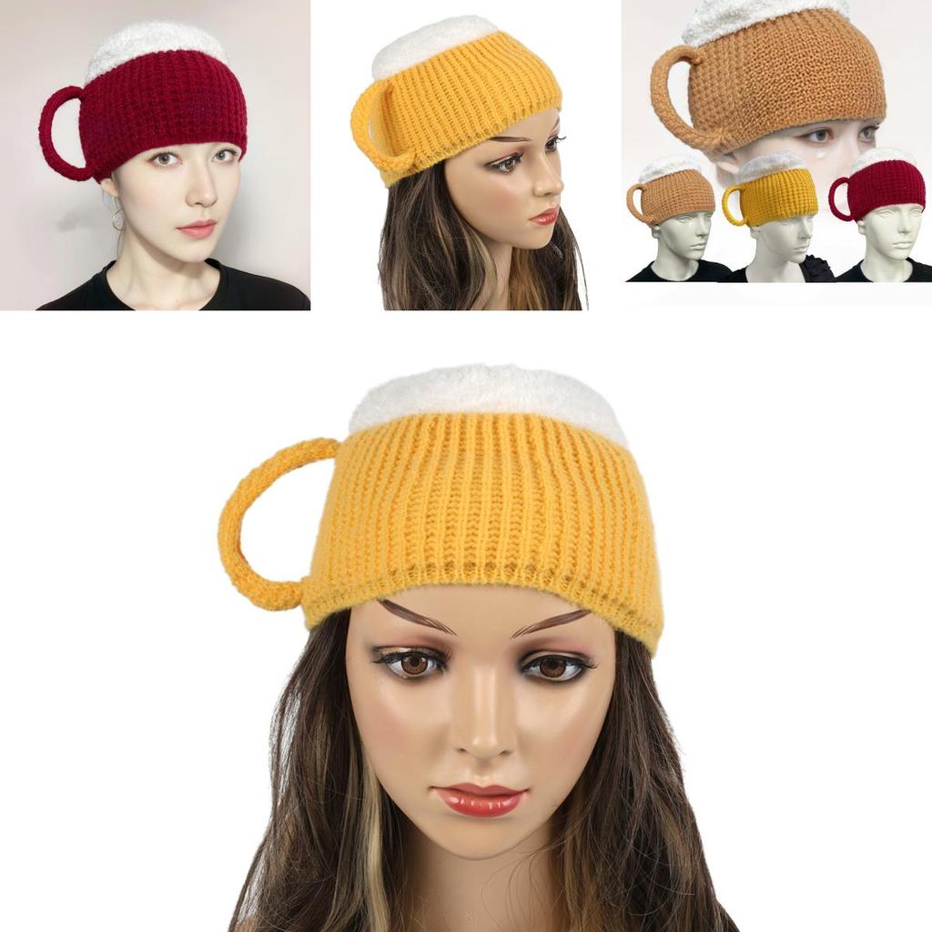Trendy 3d Beer Cup Knitted Beanie Hat For Winter Warmth In Yellow Wine Red And Khaki