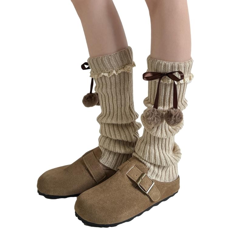 Fashionable Plush Balls Bows Adorned Leg Warmers with Lace Details for Women's Knitted Turn Cuffs Leg Covers Sleeves