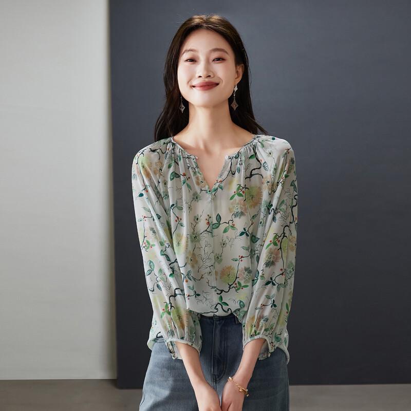 SOFSIL Women's Printed Silk Lantern Sleeve Blouse