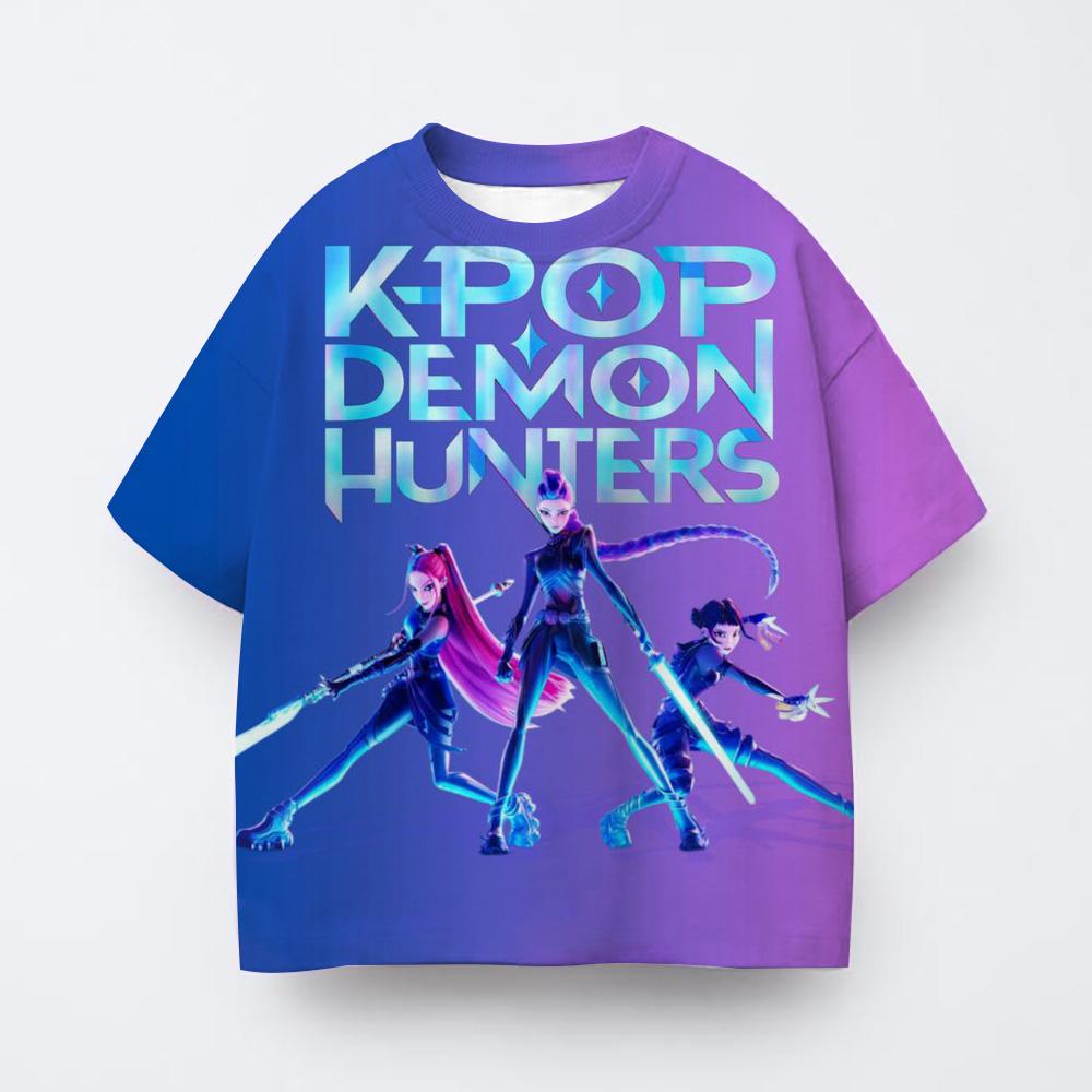 Sommer Neue Kurzarm Tops Jungen Cartoon Kpop Hexenjagd Gruppe Druck Rundhals Basic Shirt Kinder Mode Kleidung