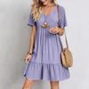 Loose V-neck Short Sleeved Pleated Women Dress Solid Color A-line Beach Dresses Elegant Simple Comfortable Woman Clothing