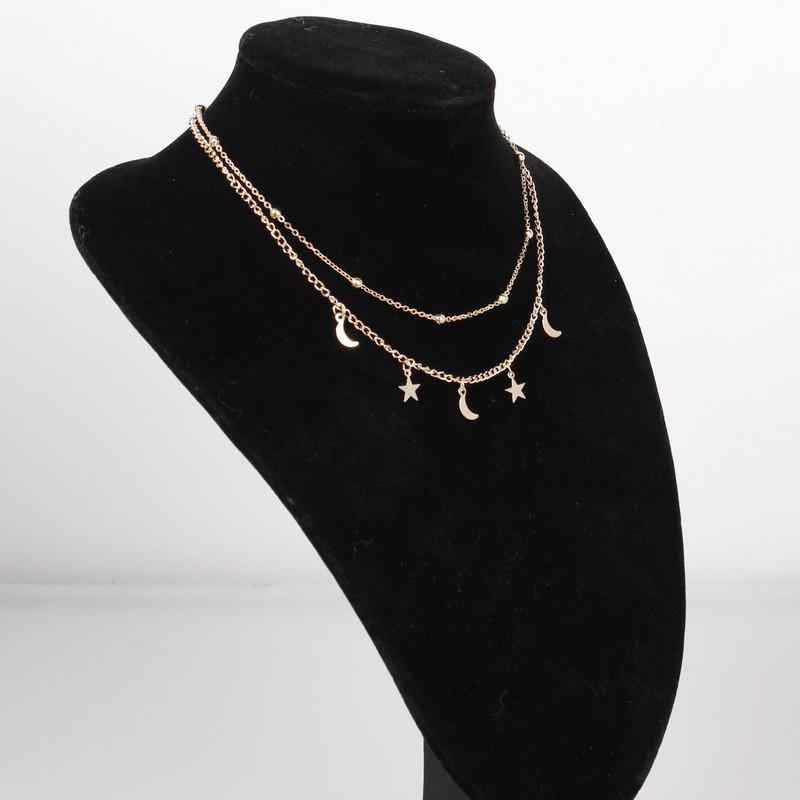 Korean Style Double Necklace with Moon and Star Pendant