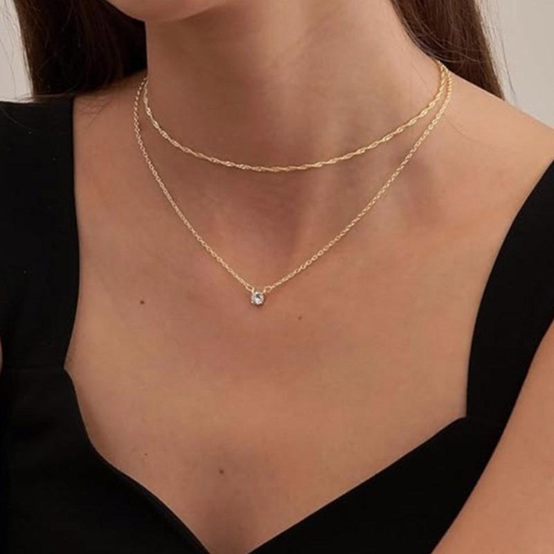 Double Layer Chain Necklace 1Cubic Zirconia Jewelry Water Resistant
