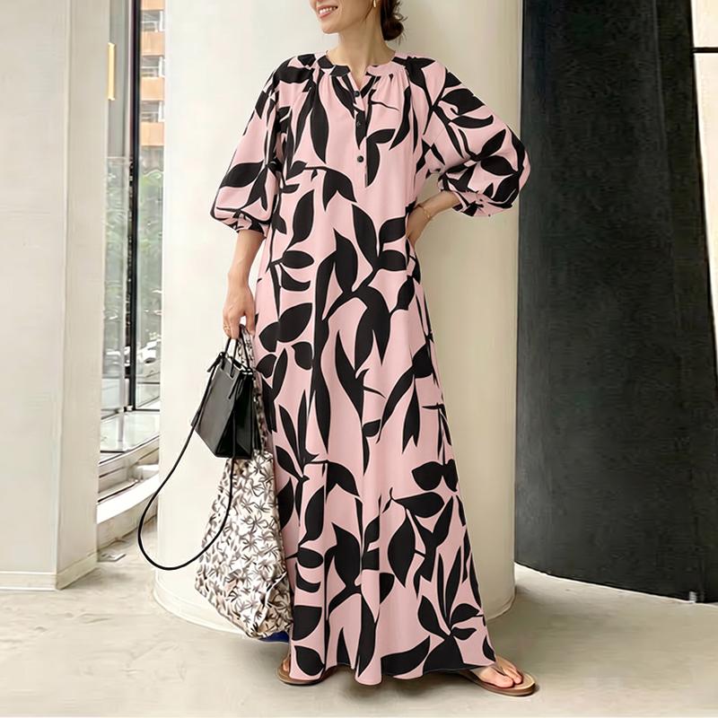 ZANZEA Women Boho Print Loose Casual Round Neck 3/4 Sleeve Long Dress