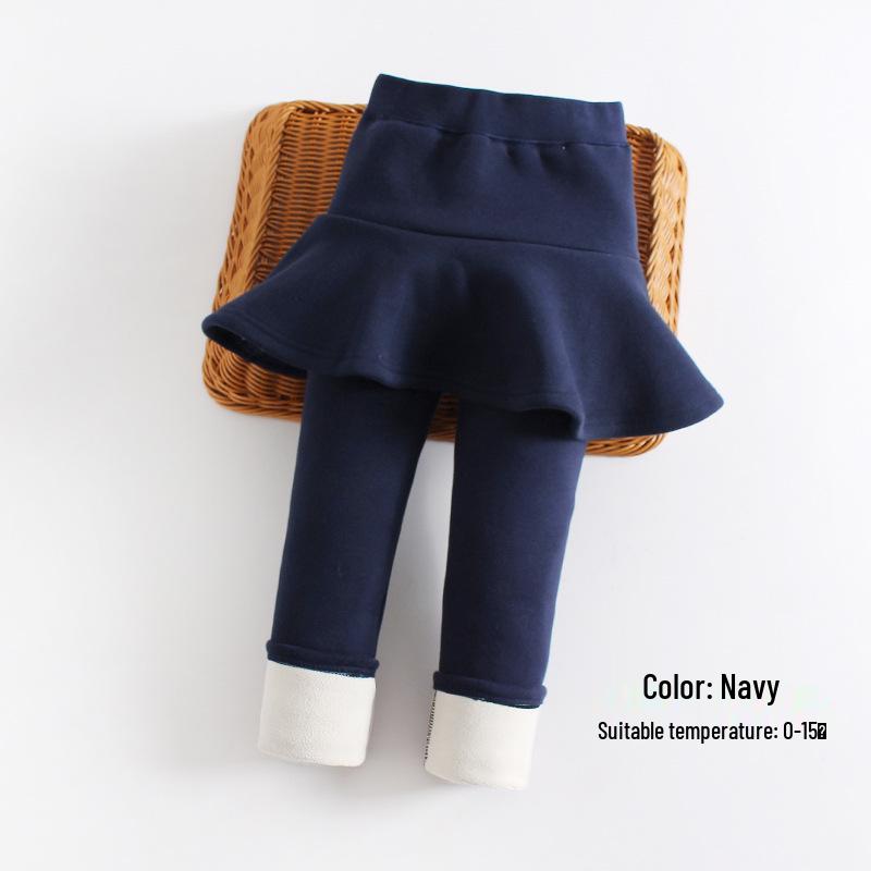 Girls' Winter Fleece-Lined Skirt Leggings - Thick Pure Cotton, Solid Colors, for Middle and Large Children