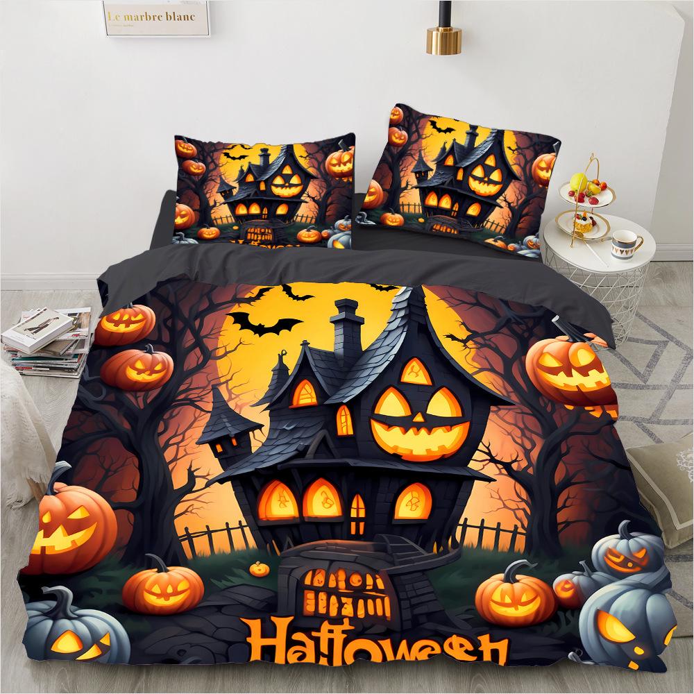 Horro Halloween Lila Schloss Kürbis 3D-Druck Bettwäsche-Set Weiche Bettbezug King Queen Twin Größe Halloween-Geschenk Schlafzimmerdekor