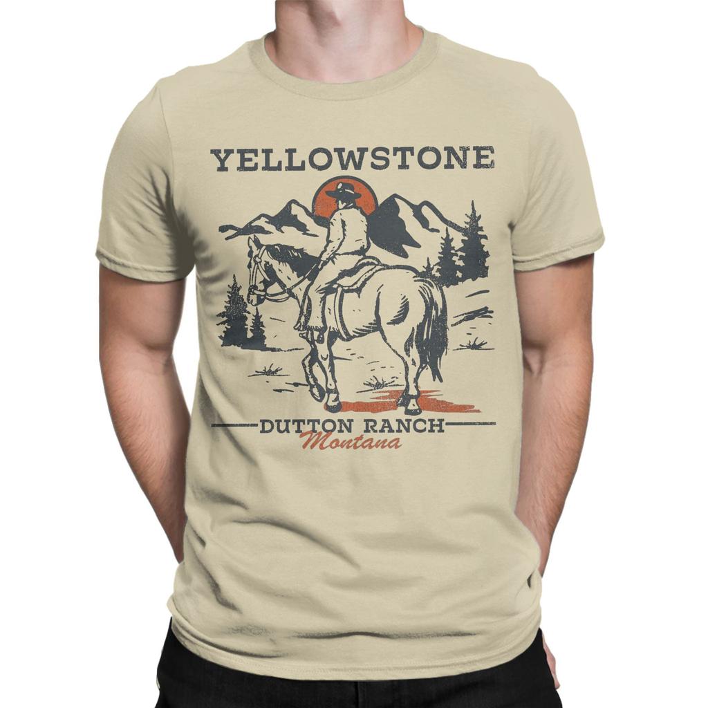 Men T-Shirt Yellowstone Dutton Ranch Vintage Cowboy Sunset Leisure 100% Cotton Tee Shirt Short Sleeve  T Shirts O Neck Clothes