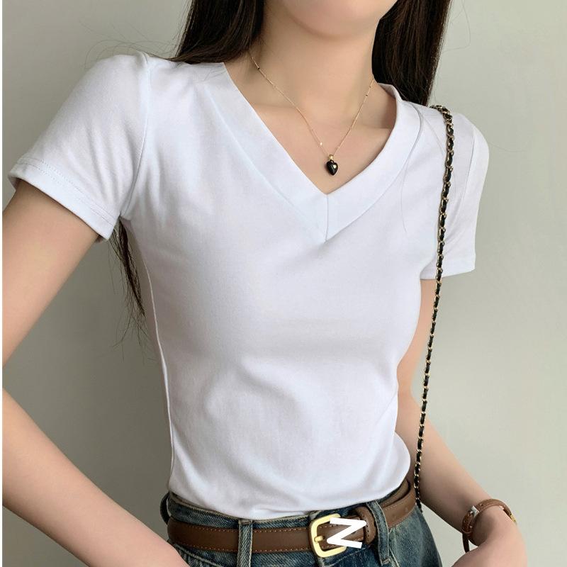 Front Shoulder Short-sleeved T-shirt Women's New Summer Basic Slim-fitting and Thin American Flower Gray V-neck Top